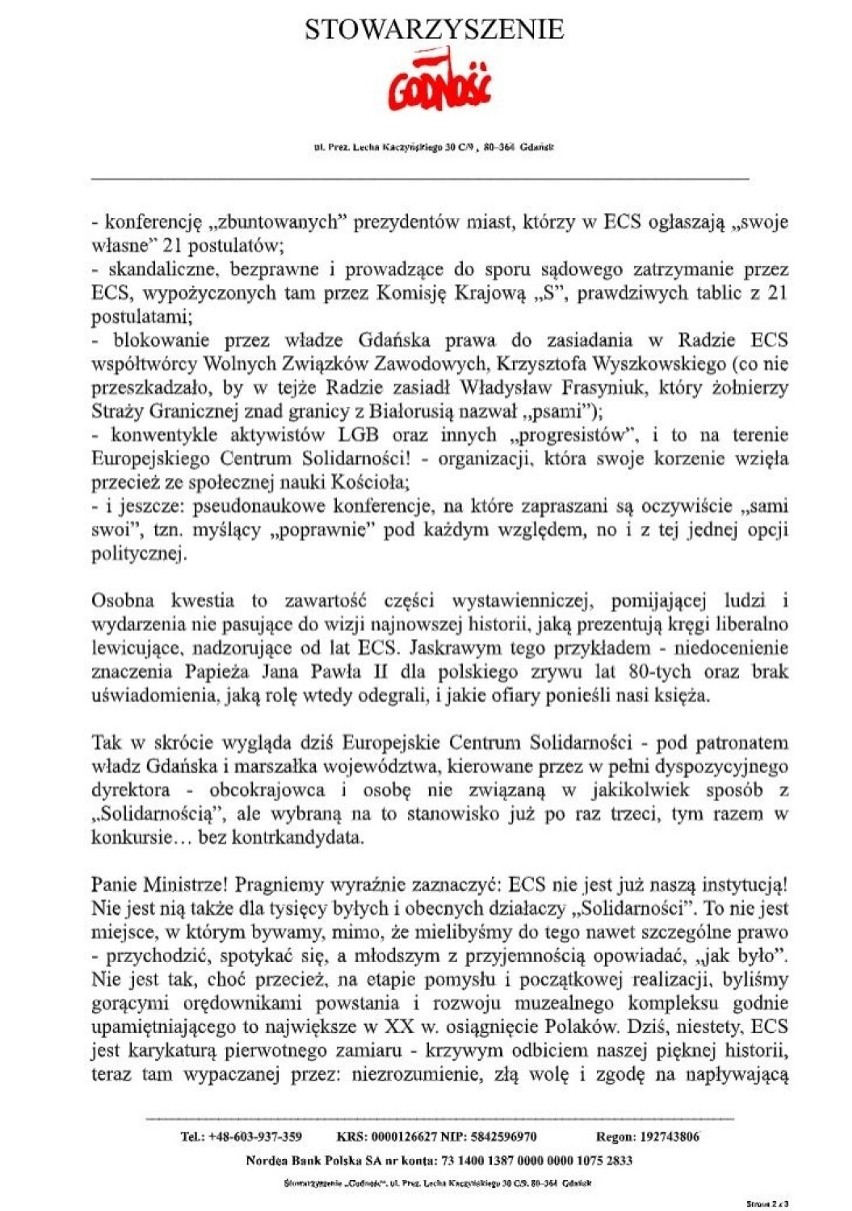 Stowarzyszenie Godność w liście do Ministra Kultury: "ECS nie jest już naszą instytucją"
