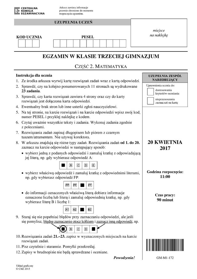 Powyżej arkusze z dzisiejszego egzaminu gimnazjalnego z matematyki.

Na kolejnych slajdach prezentujemy odpowiedzi z egzaminu gimnazjalnego z matematyki.