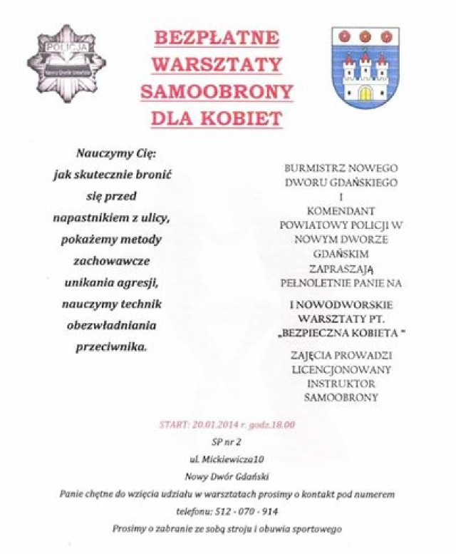 Bezpłatne warsztaty samoobrony dla kobiet w Nowym Dworze Gdańskim