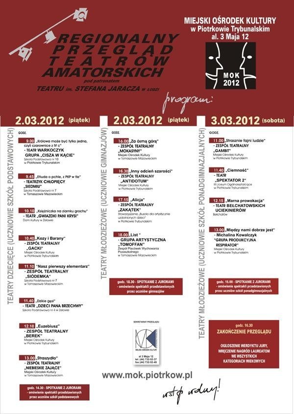 Program Regionalnego Przeglądu Teatrów Amatorskich w Piotrkowie