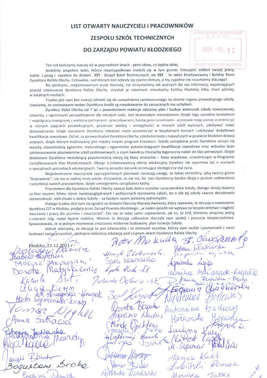 Nauczyciele i pracownicy ZST w Kłodzku bronią zawieszonego dyrektora. Opublikowali list otwarty