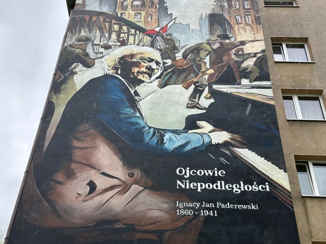 Mural z wizerunkiem Ignacego Jana Paderewskiego powstał na ścianie bloku przy ul. Legionów Polskich 36