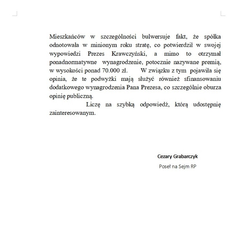 Poseł Cezary Grabarczyk pisze do prezydenta Piotrkowa w sprawie drastycznych podwyżek cen ciepła