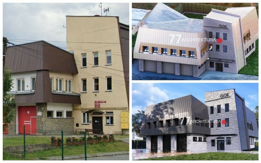 Po lewej aktualny wygląd budynku GOK w Łabowej. Po prawej...