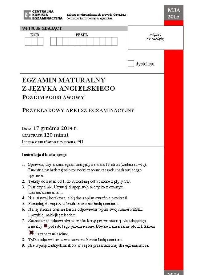 Próbna matura 2014. ANGIELSKI poziom podstawowy 2015 [ARKUSZE CKE, ODPOWIEDZI]