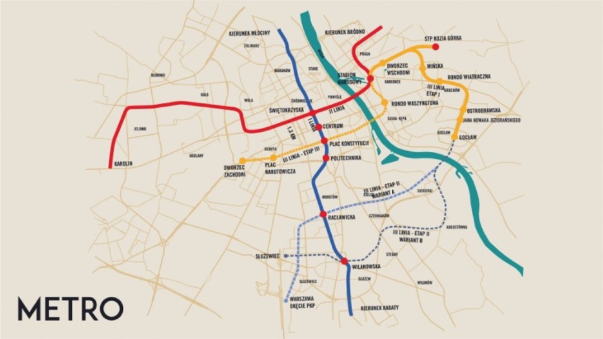 Schemat linii metra z projektowaną linią M3 bez...