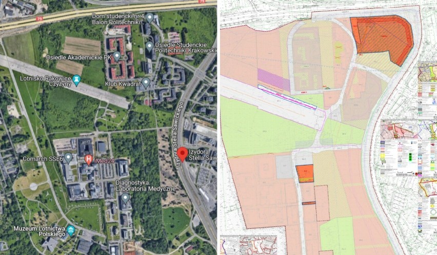 Po lewej zdjęcie satelitarne terenu z Google Maps, po prawej...