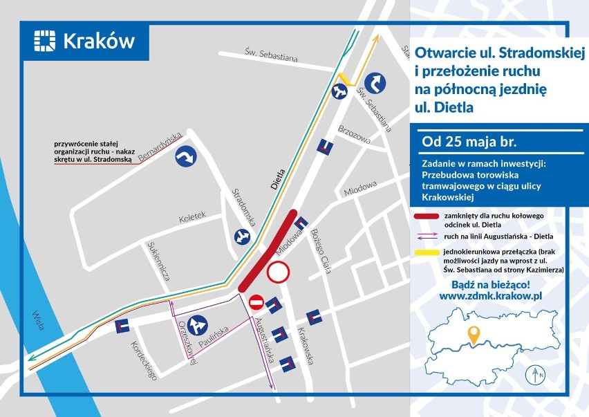 Kraków. Tramwaje wracają na ulicę Stradomską, urzędnicy ograniczają ruch samochodowy, ale nie ma powrotu do rozkładów jazdy sprzed pandemii