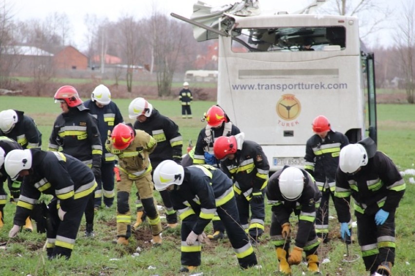 Wypadek w Kaczkach Piastowych . Wiatr zepchnął na drzewo autobus szkolny  wiozący dzieci