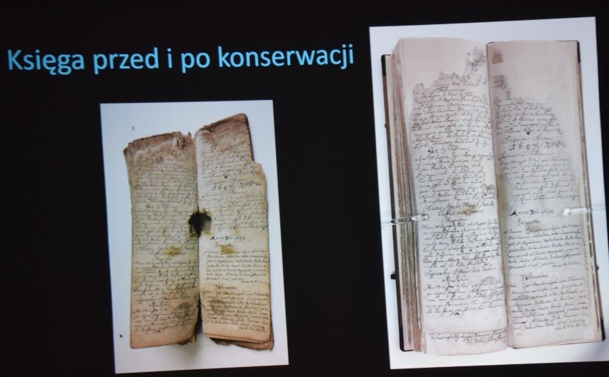 Księga metrykalna z Bojszów przed i po konserwacji