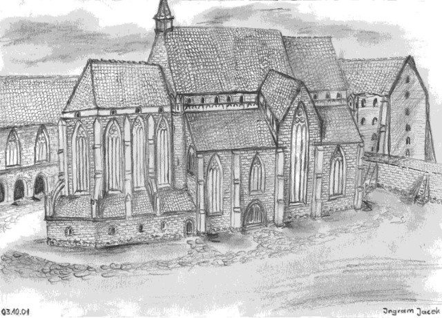 Szkic rekonstrukcyjny kościoła św. Mikołaja w Grudziądzu, jako bazyliki. Przypuszczalny wygląd na przełomie XIII/XIV w. Rysunek z 2001 r. Wyk. J. Ingram