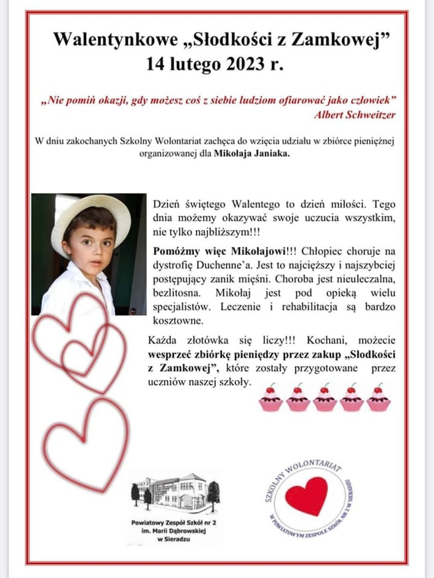 Walentynkowa charytatywna akcja „Słodkości z Zamkowej” trwa w Sieradzu. Pomoc dla Mikołaja Janiaka cierpiącego na zanik mięśni ZDJĘCIA