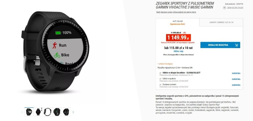 ZEGAREK SPORTOWY Z PULSOMETREM GARMIN VIVOACTIVE 3 MUSIC...