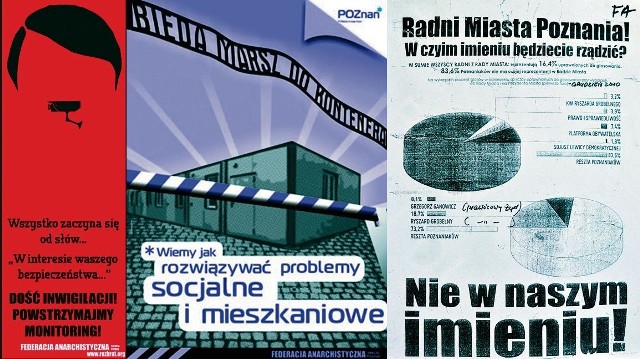 Takie plakaty można m.in. znaleźć na ulicach Poznania. Wszystkie firmowane są przez anarchistów z kolektywu Rozbrat
