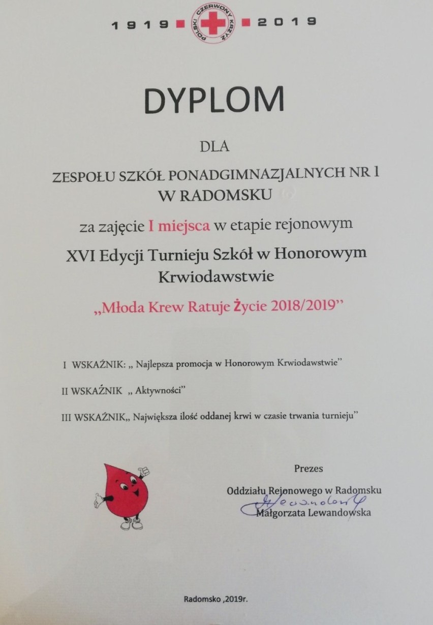 ZSP 1 w Radomsku najlepszy w Turnieju Szkół w Honorowym Krwiodawstwie "Młoda Krew Ratuje Życie"