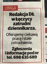 Praca od zaraz. Redakcja Dziennika Łódzkiego zatrudni dziennikarza do oddziału w Łęczycy.