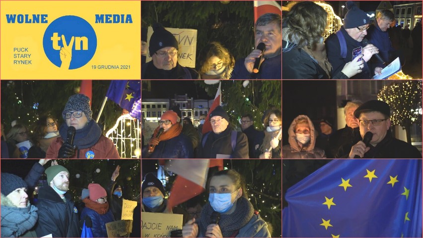 Lex TVN. Protest na Starym Rynku w Pucku. Wokół choinki ok. 200 osób, flagi oraz hasła "wolna media, wolni ludzie, wolna Polska" | FOTO