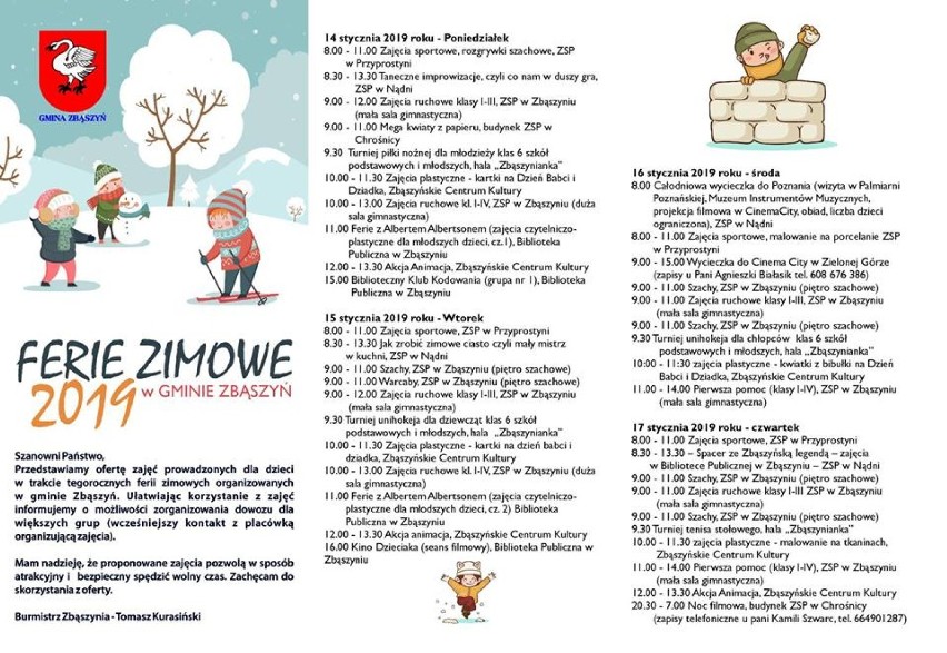 Ferie zimowe w gminie Zbąszyń, 14 - 25 stycznia 2019 - PROGRAM  