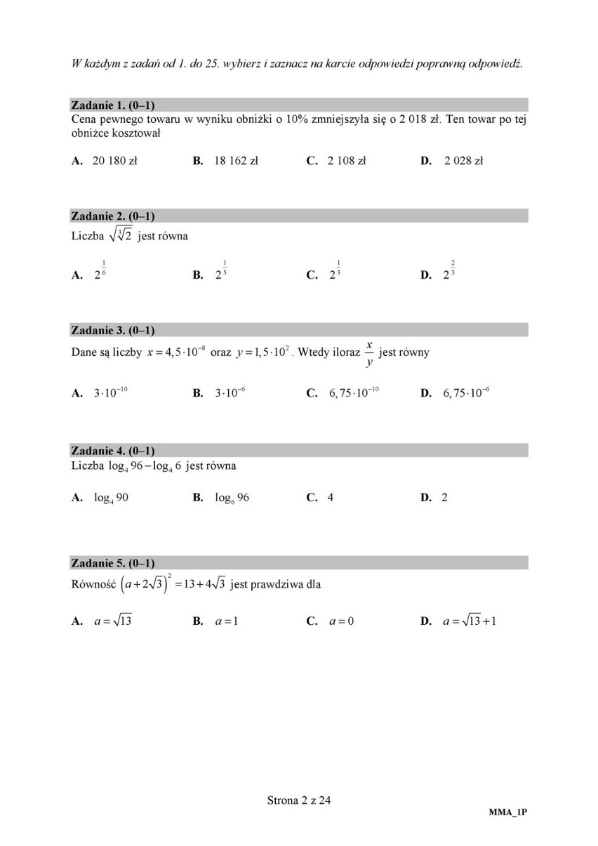 Matura poprawkowa MATEMATYKA 2018: Odpowiedzi, Arkusz CKE