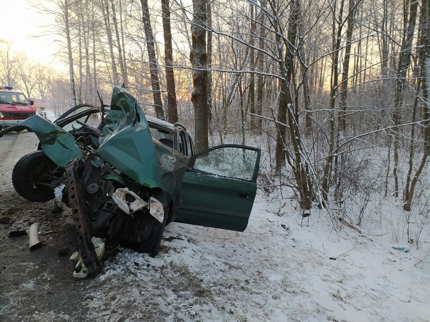 Wypadek na DK48 w Brudzewicach. Samochód uderzył w drzewo. Ranna 21-latka trafiła do szpitala, 6.03.2023. ZDJĘCIA