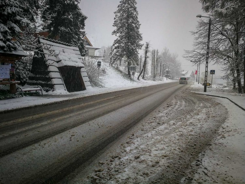 Podhale. Fatalne warunki na drogach. Sypie gęsty śnieg, jest ślisko [ZDJĘCIA]