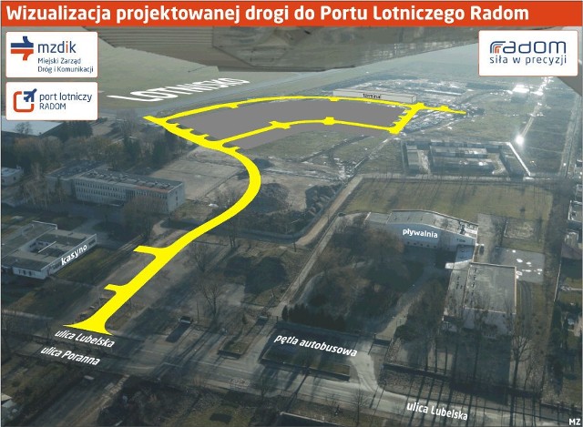 Wizualizacja drogi prowadzącej na lotnisko w Radomiu