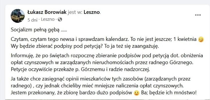 Wpis prezydenta Leszna, Łukasza Borowiaka