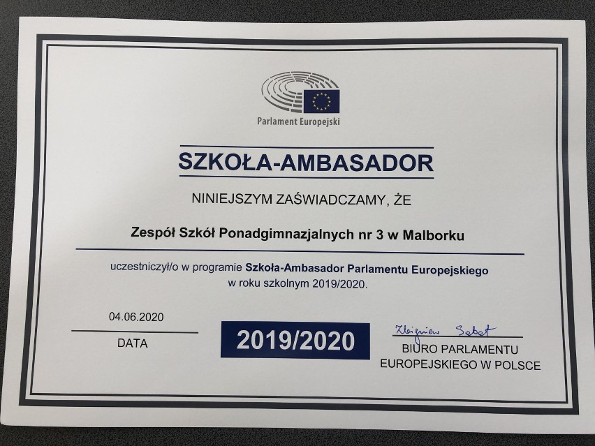 Malbork. ZSP 3 cały czas jest ambasadorem Parlamentu Europejskiego. Szkoła otrzymała kolejny certyfikat