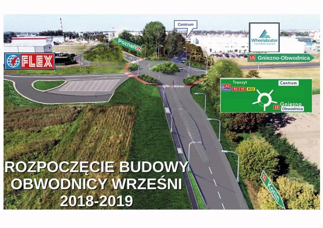 Wizualizacja obrazuje nowe rondo na drodze krajowej nr 92, które powstanie na wjeździe do Wrześni od strony Konina, na wysokości firmy Flex.