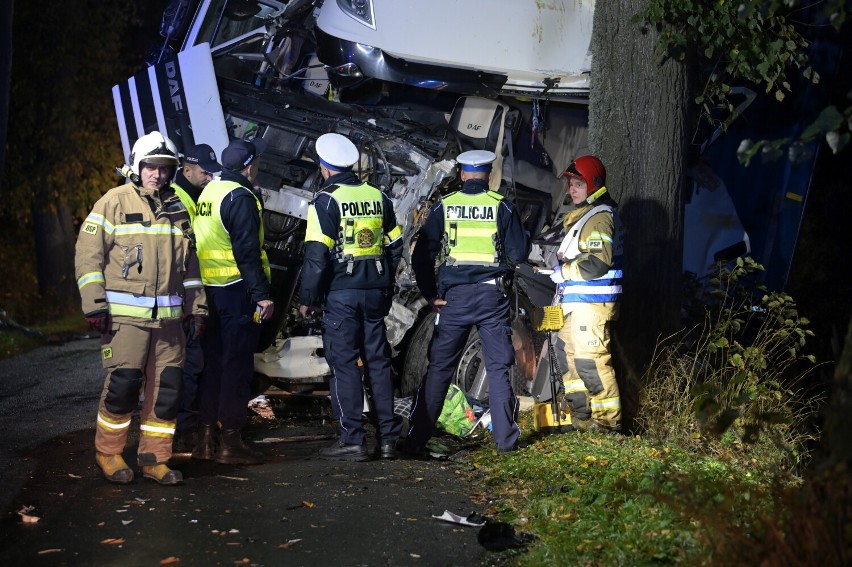 Ciężarówka uderzyła w drzewo w Szczepankach pod Grudziądzem. Kierowca był zakleszczony w kabinie 
