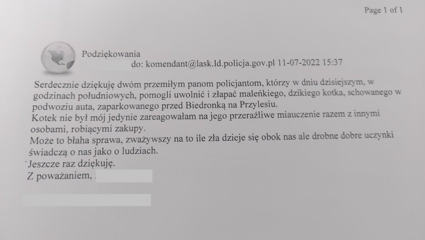 Policjanci z Łasku uratowali kotka. Dostali pisemne podziękowanie