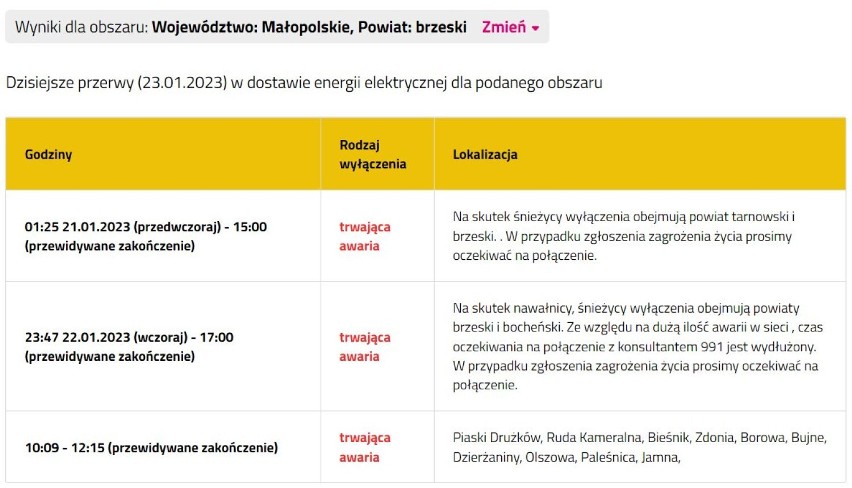 Wciąż brakuje prądu w powiatach bocheńskim i brzeskim po intensywnych opadach śniegu. Służby usuwają skutki uszkodzenia sieci elektrycznej