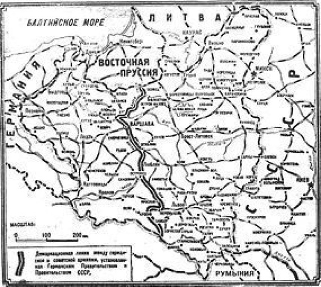 Mapa podziału Polski (rozgraniczenie według paktu Ribbentrop-Mołotow) opublikowana w dzienniku &quot;Izwiestia&quot; 18.09.1939