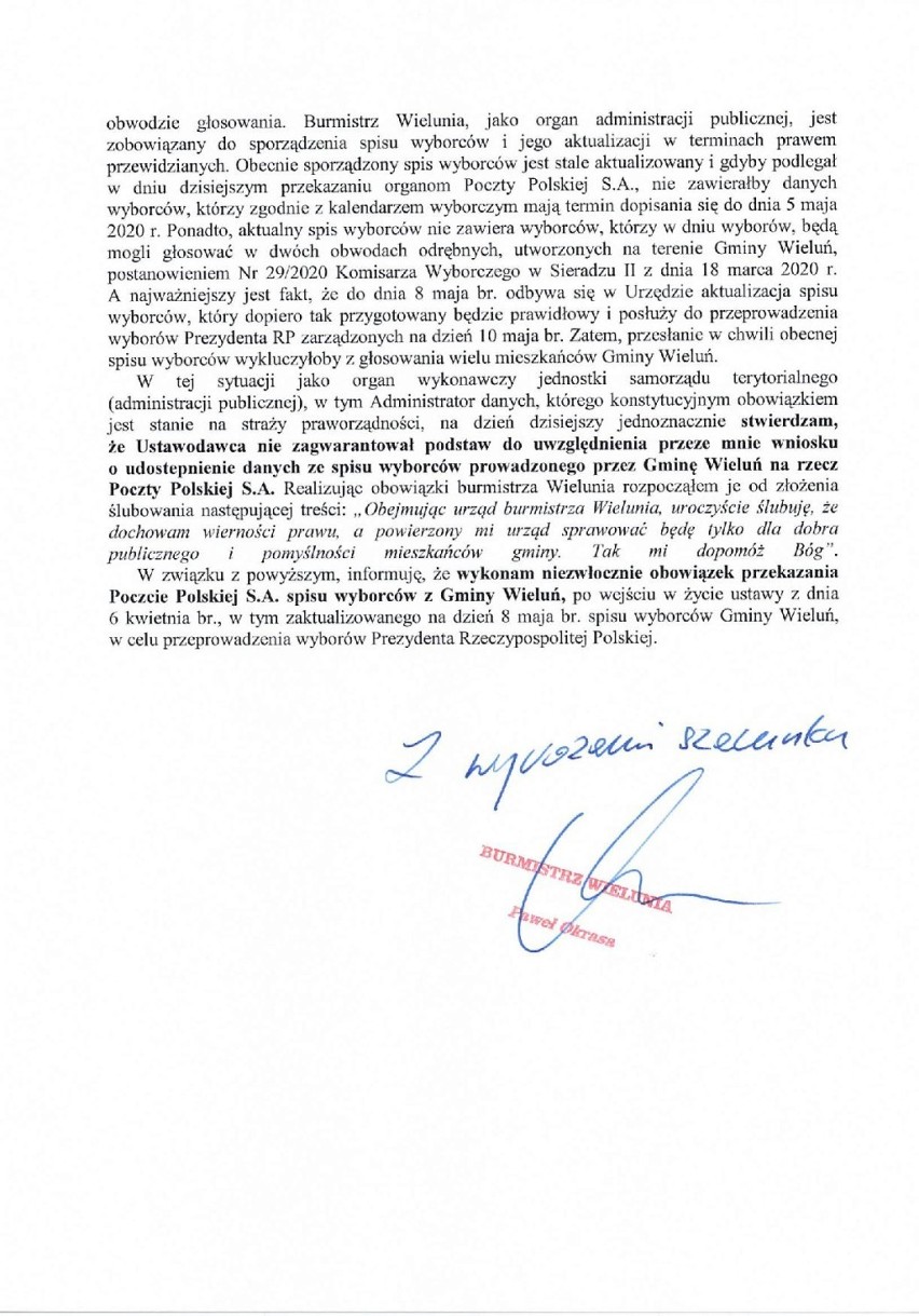 Pismo burmistrza Wielunia do zarządu Poczty Polskiej (kliknij na dokumencie, aby powiększyć)
