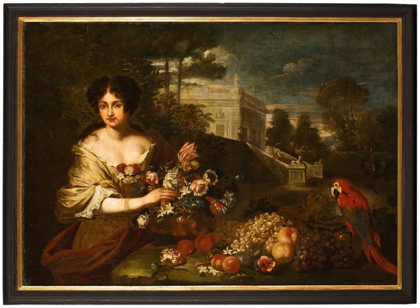 „Flora – alegoria jesieni z papugą na tle pałacowego parku”,...