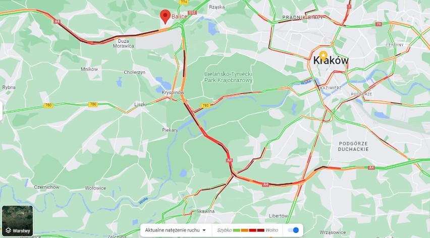 Korek na autostradzie A4 w rejonie Krakowa