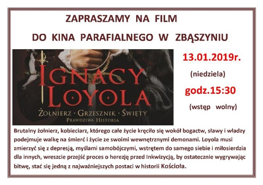 Kino Parafialne w domu katolickim, zaprasza na film "Ignacy Loyola" 