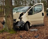 LESZNO GÓRNE. Bus wypadł z drogi i uderzył w drzewo. Samochód został poważnie rozbity