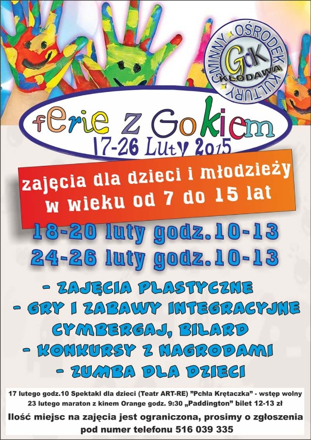 Ferie zimowe 2015: Oferta GOK w Kłodawie