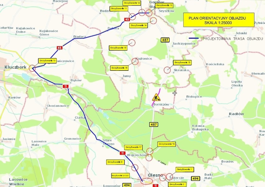 Remont DW 487 w Boroszowie - mapa objazdu