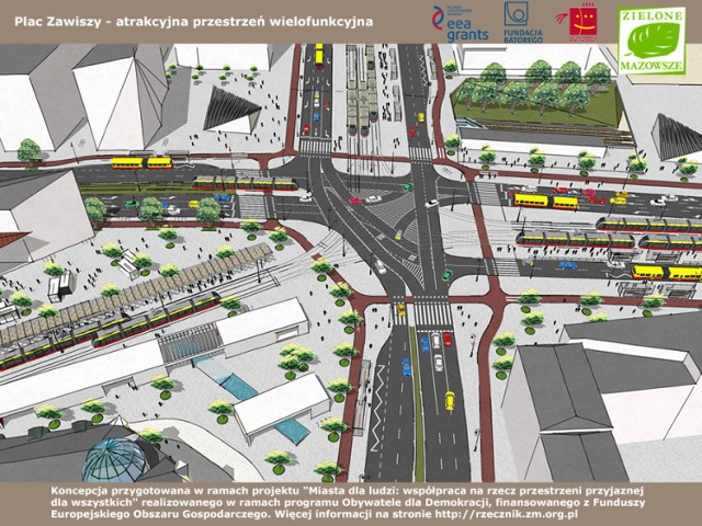 Jest projekt nowego placu Zawiszy. Mniej samochodów, więcej ludzi [WIZUALIZACJE]