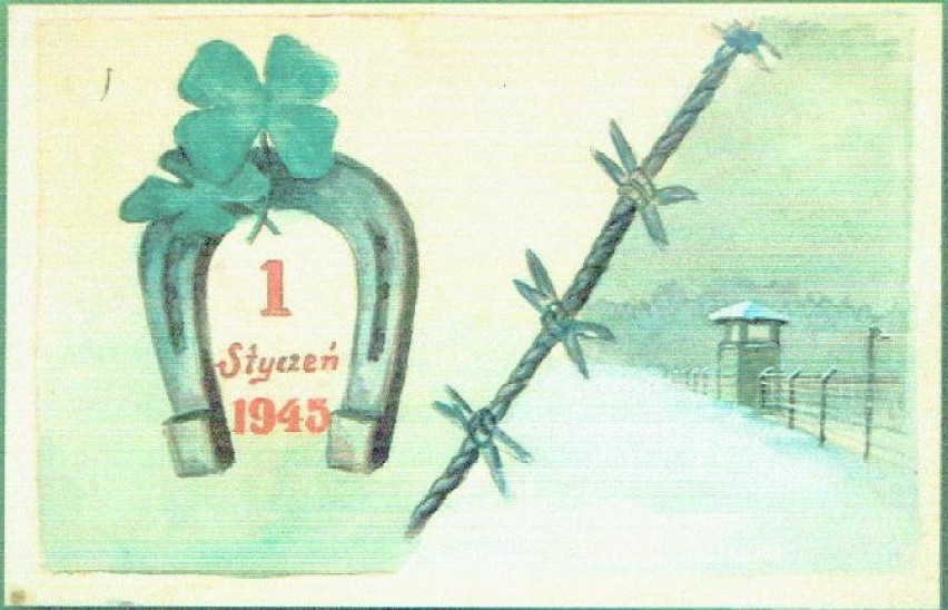 Obozowa kartka świąteczna, ręcznie malowana z muzeum KL...