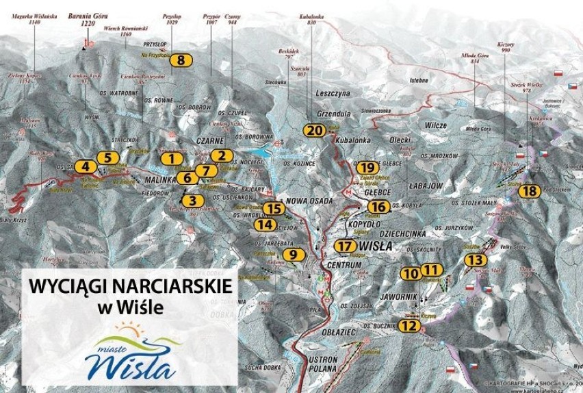 Mapa - 20 wyciągów w Wiśle