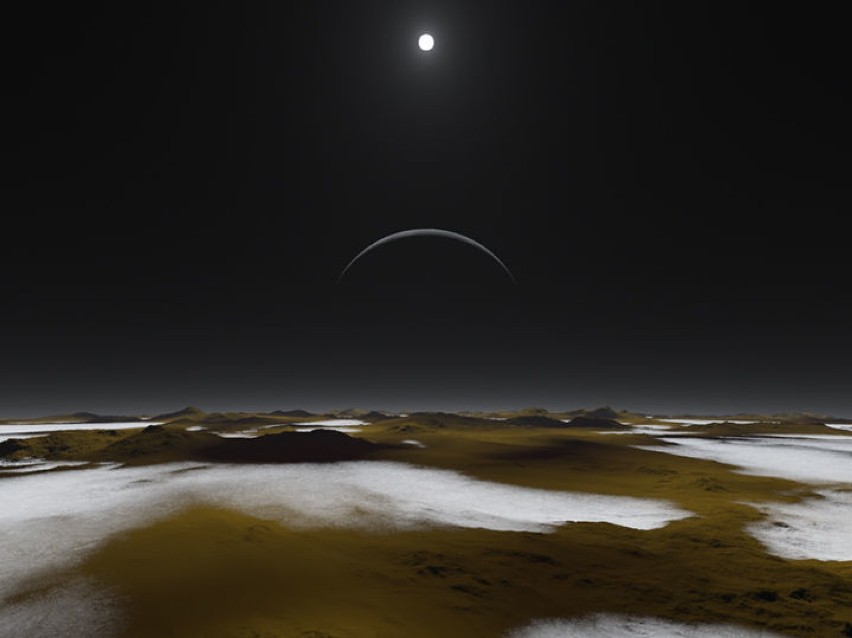 Powierzchnia Plutona i Słońce według wizji artysty.
