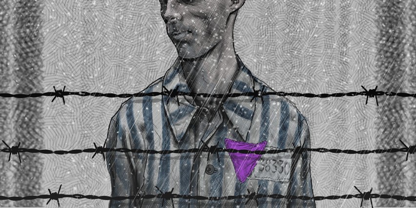 Rysunek pokazujący Świadka Jehowy w nazistowskim obozie...