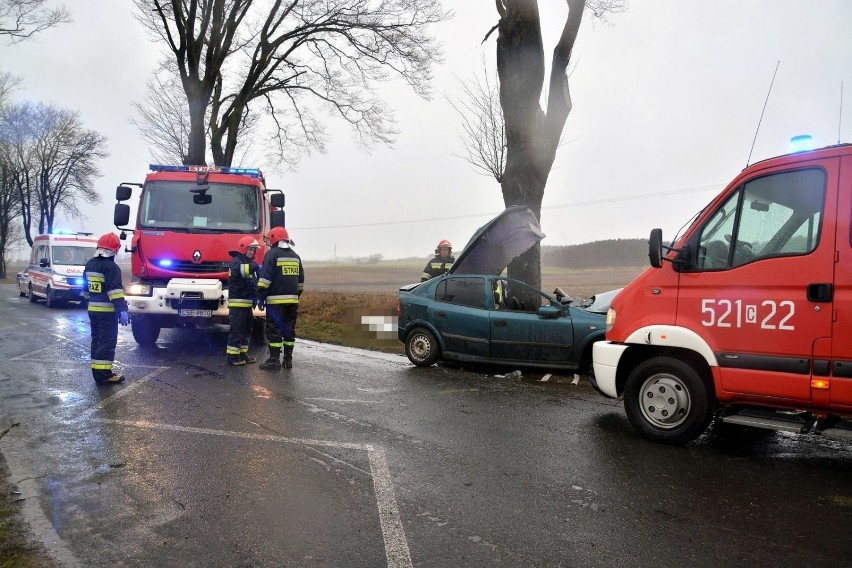 Kierowca opla wypadł z drogi i uderzył w przydrożne drzewo....