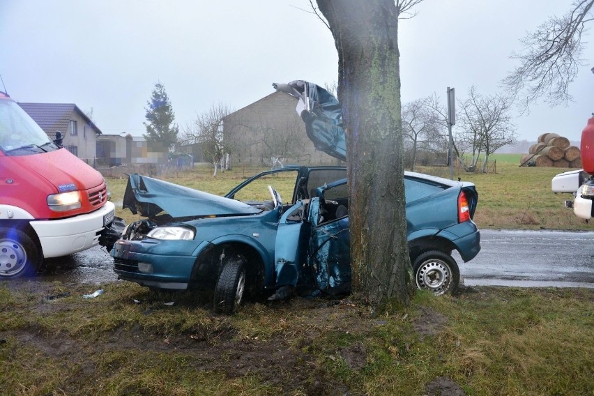 Kierowca opla wypadł z drogi i uderzył w przydrożne drzewo....