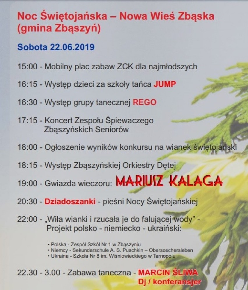 Noc Świętojańska - Nowa Wieś Zbąska, 22 czerwca 2019  PROGRAM