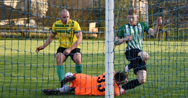 Keeza V liga Chrzanów: LKS Żarki - Brzezina Osiek 0:2. Na zdjęciu: Michał Majda, bramkarz Brzeziny, wygrywa pojedynek z Bartłomiejem Kosowskim.