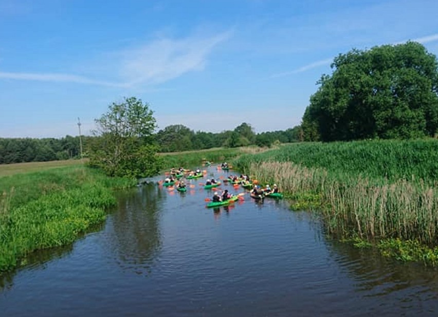 Kilkanaście kajaków w kilka chwil po wodowaniu przy moście w...